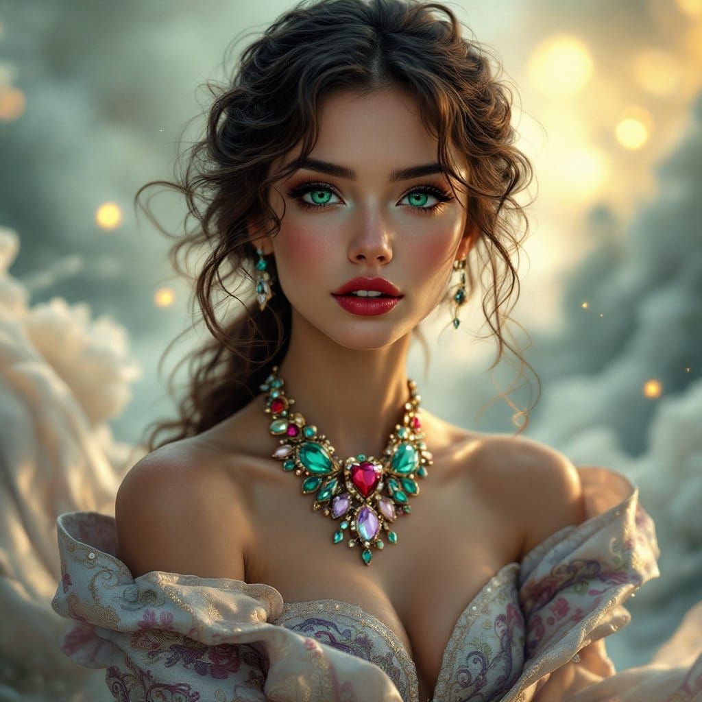 Radiant Woman in Brocade Gown: Digital Portrait