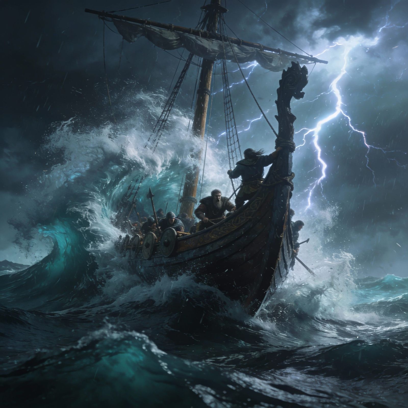 Viking Longship Battles Epic Ocean Storm in Fantasy Art Styl...