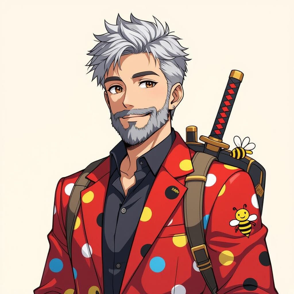 Anime Man in Polka Dot Suit with Bee Print