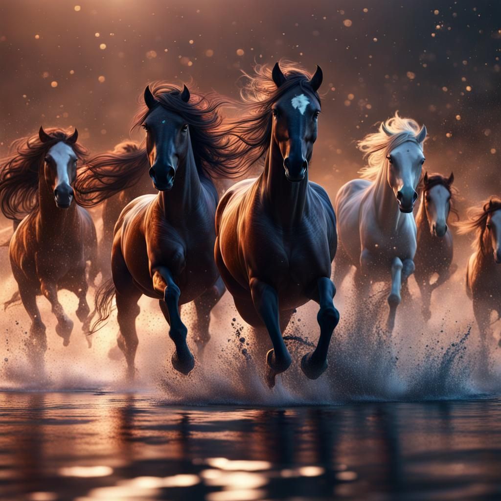 Wild Horses Run on Galaxy Water in Digital Art