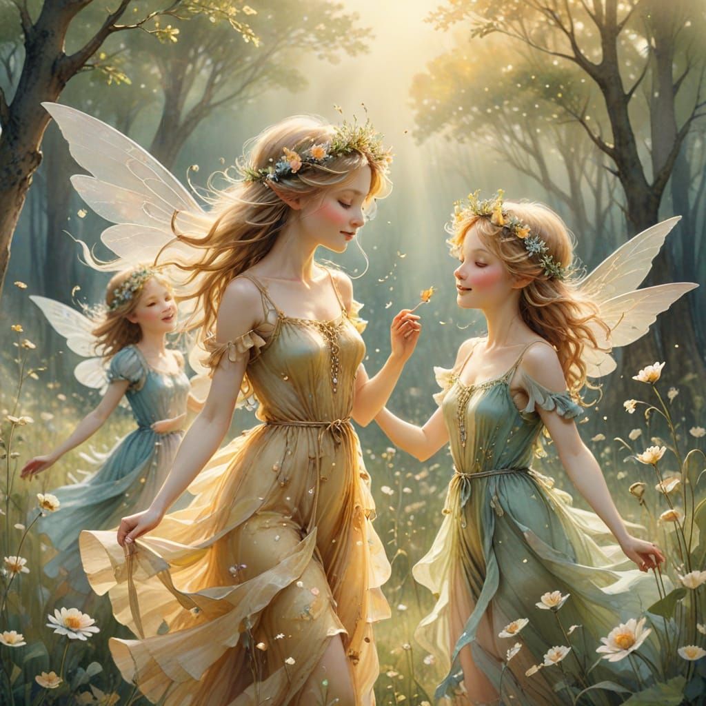 Whimsical Flower Fairies Dance in a Lush Meadow
