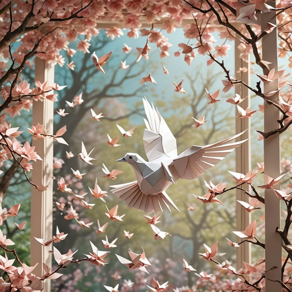 Origami Dove Escapes Window in Kirie Art Style