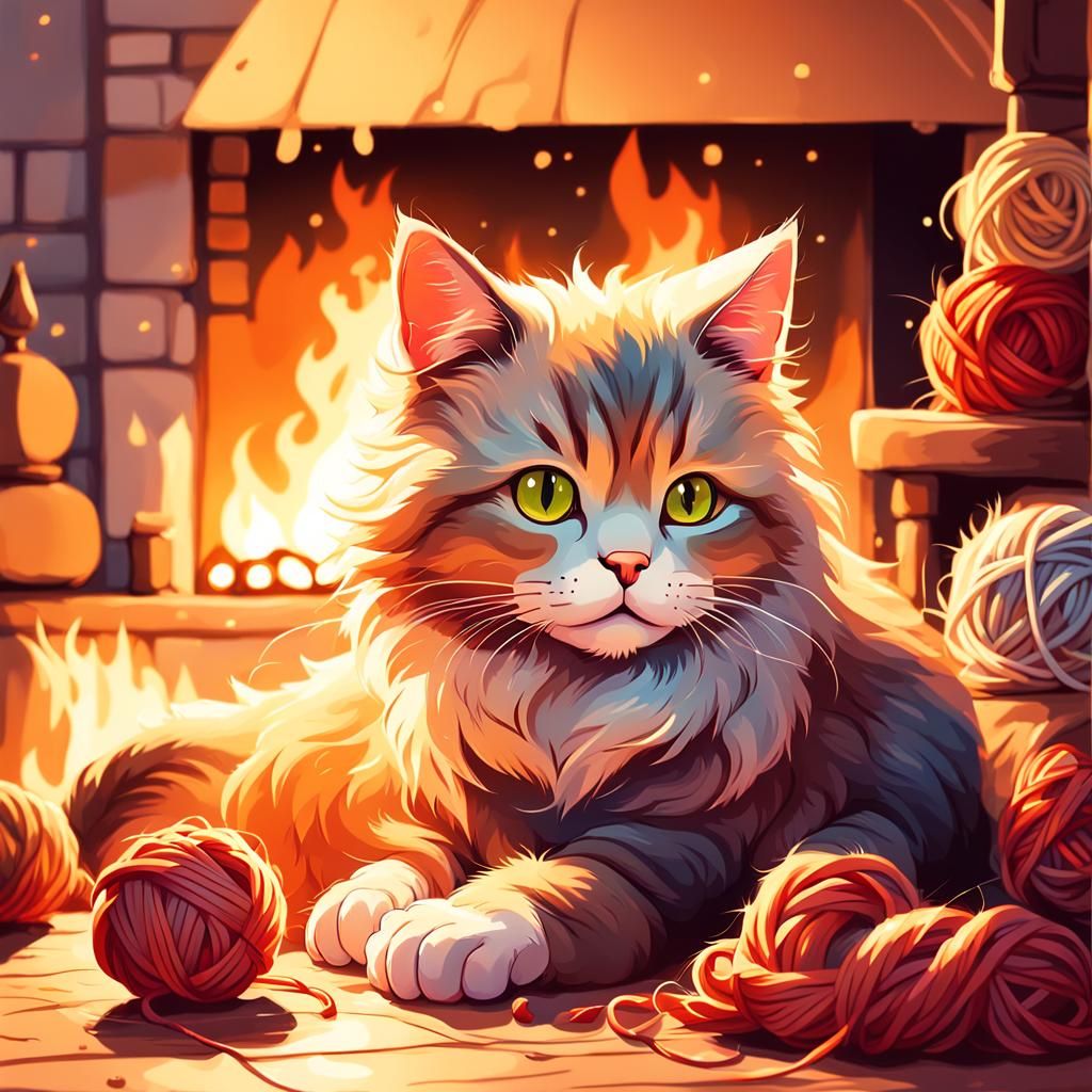 Cozy Cat by Fireplace: Whimsical Illustration