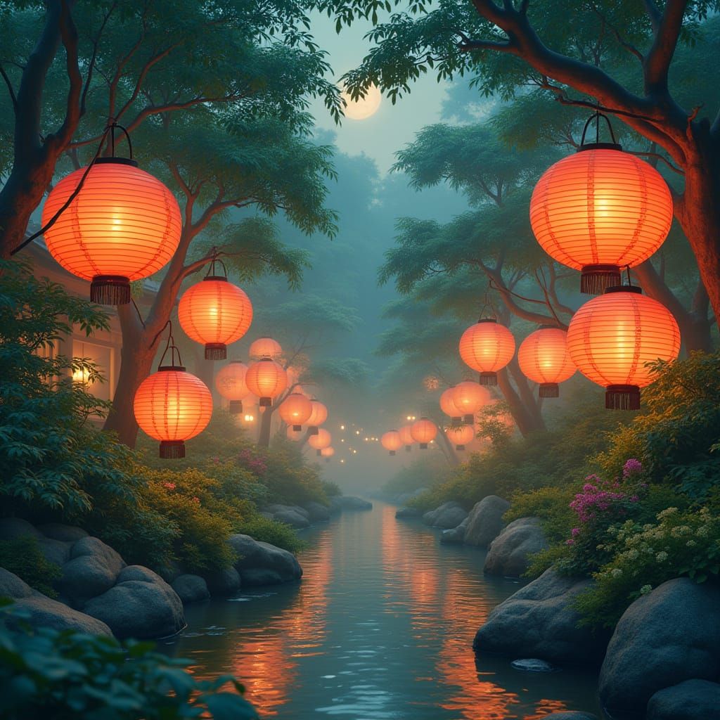 Surreal Japanese Lanterns in a Whimsical Garden Scene