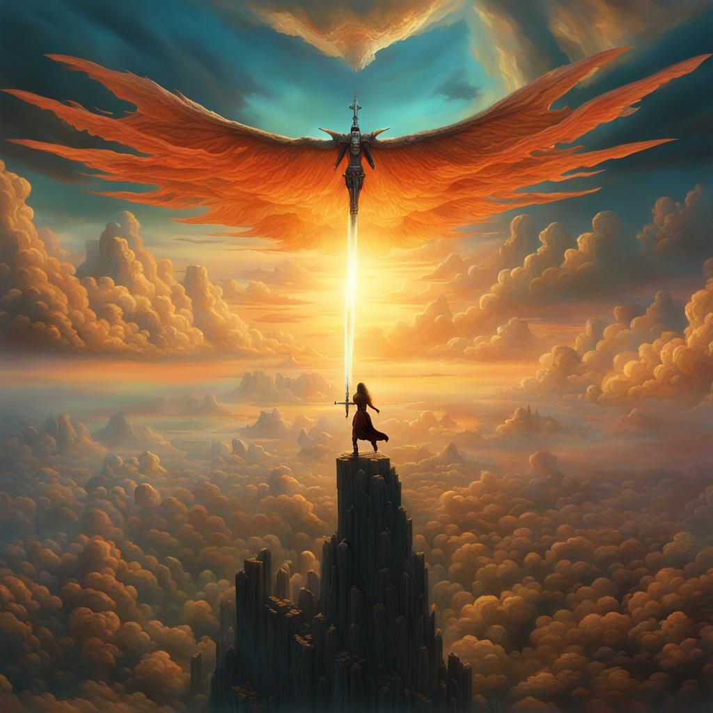 Epic Woman with Sword in Surreal Sky