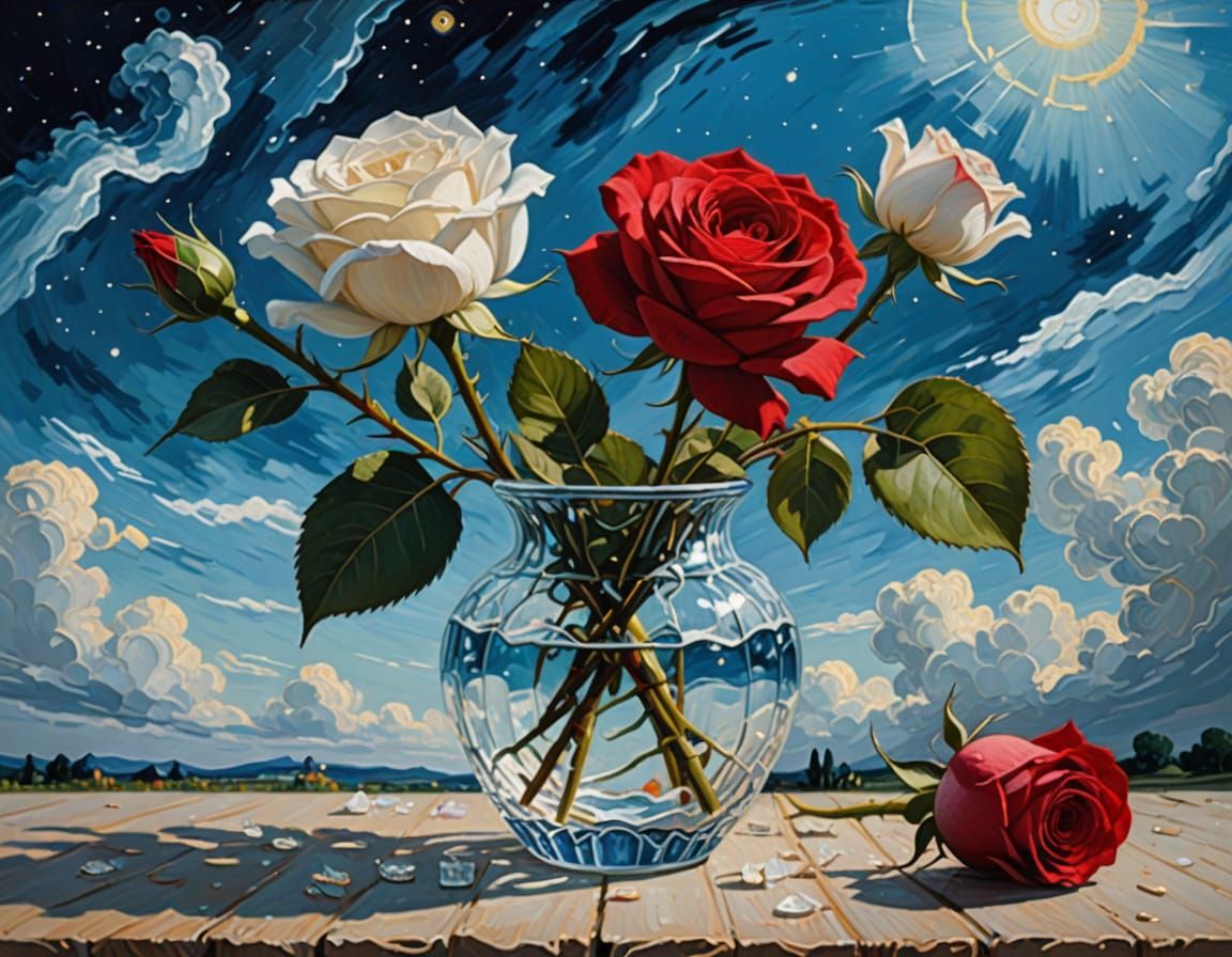 Crystal Vase with Roses in Post-Impressionist Style