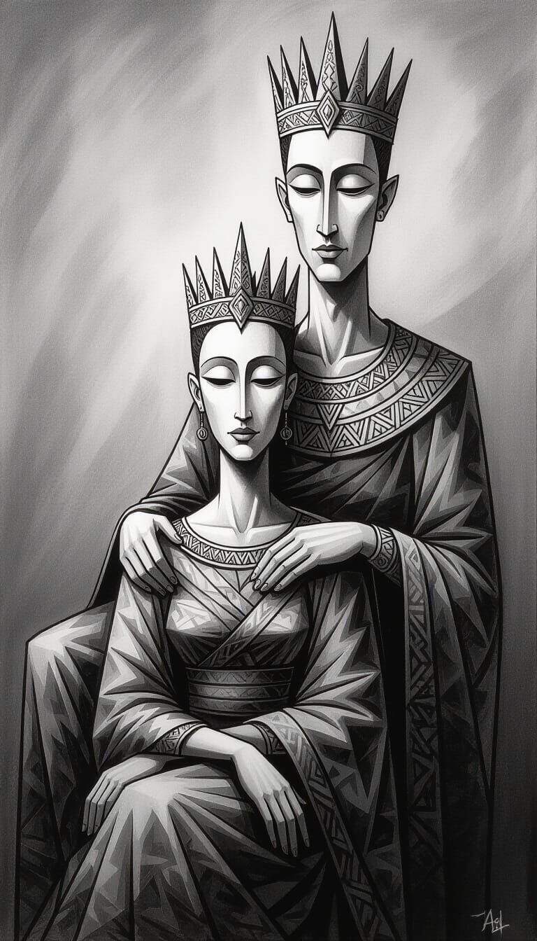 Art Deco Charcoal Drawing of Two Stylized Figures