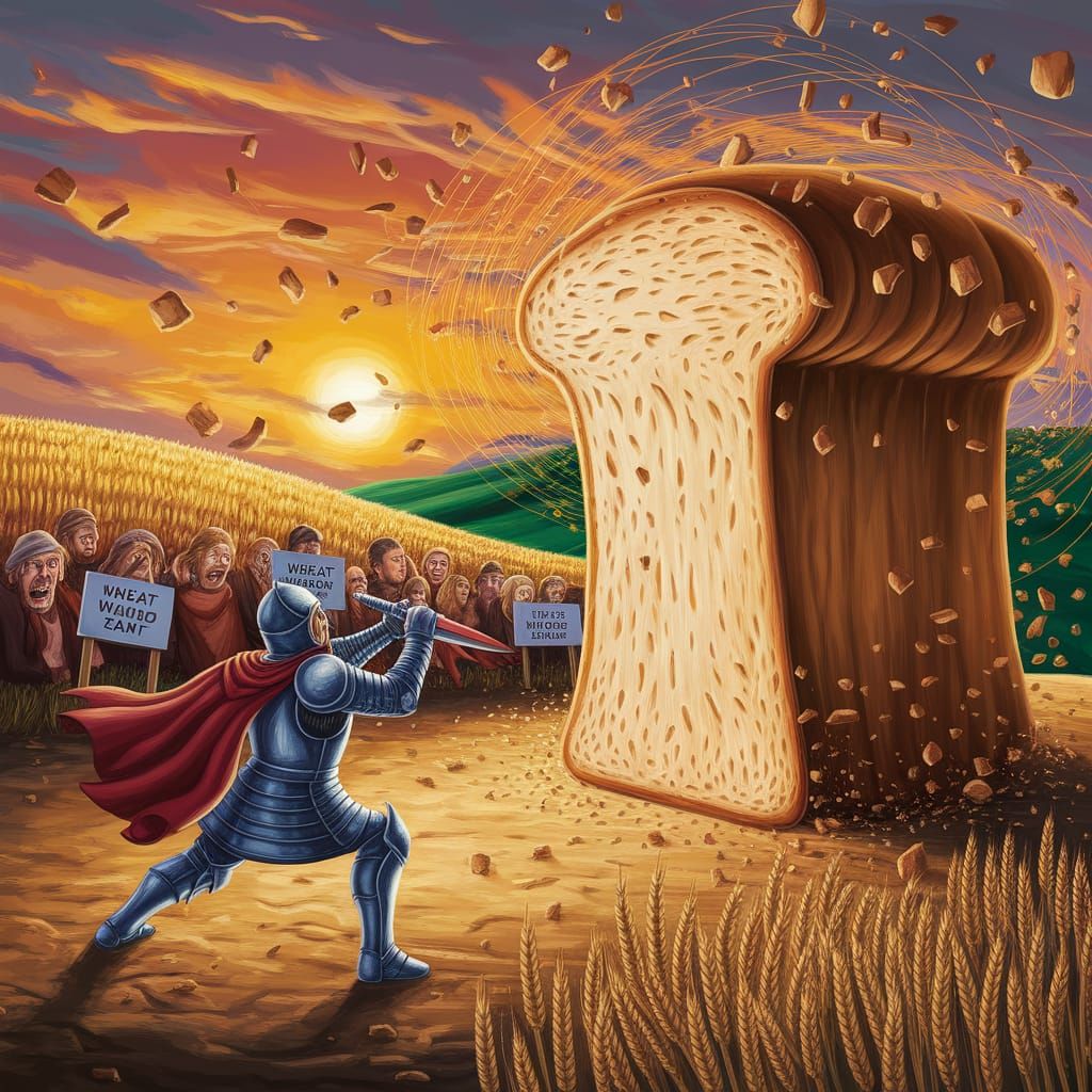 Knight Battles Giant Bread Loaf in Epic Fantasy Style