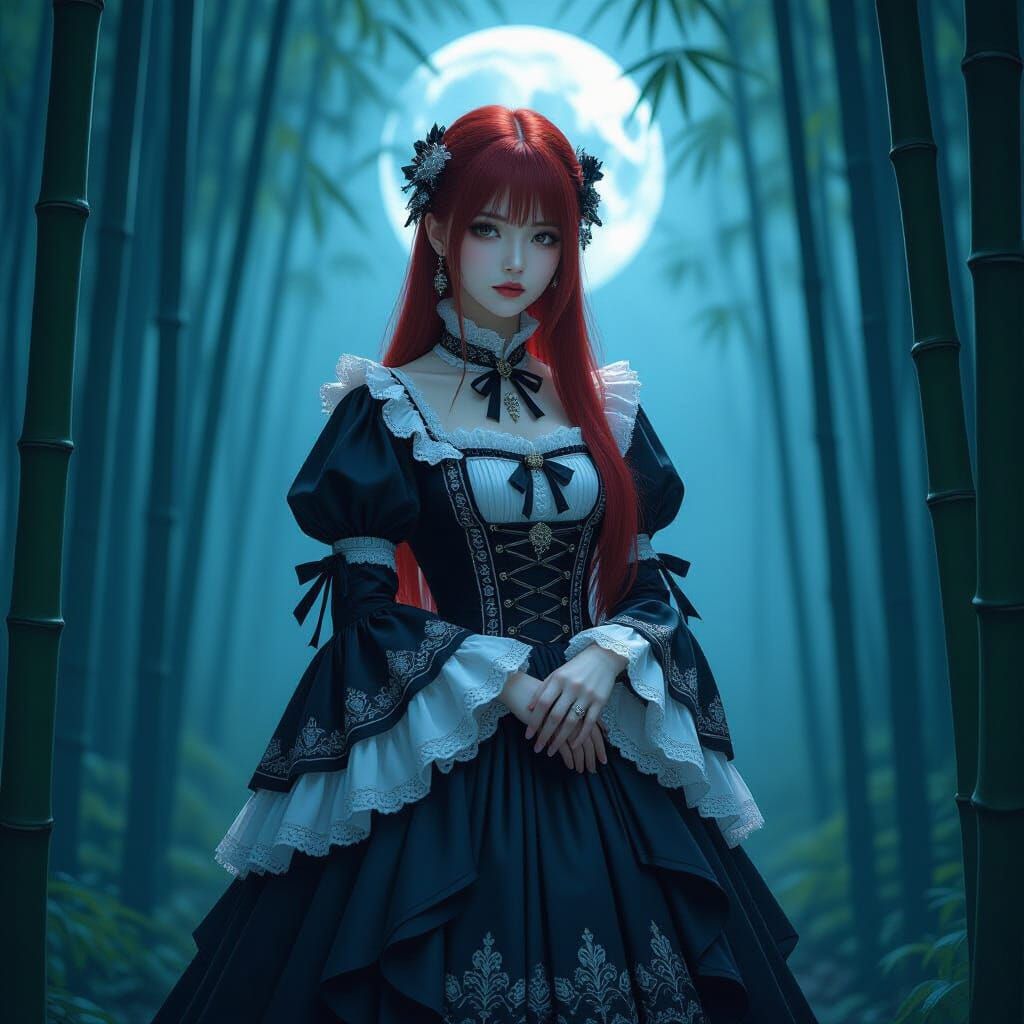 Gothic Lolita in Misty Bamboo Forest, Impasto Style
