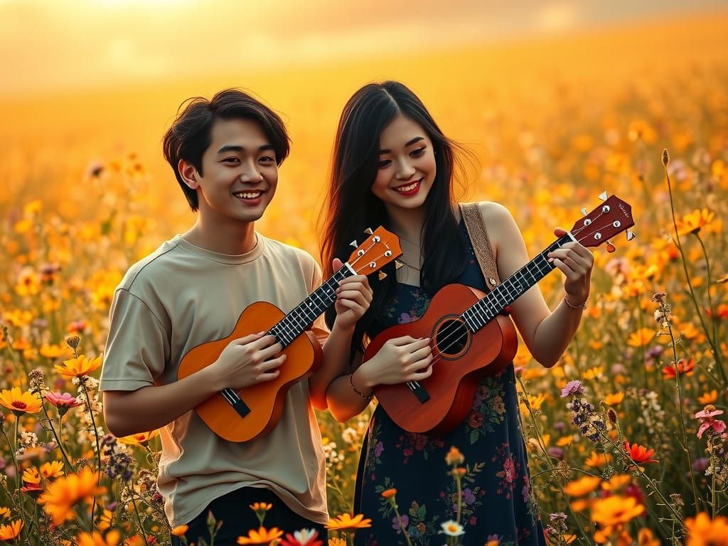 Asian Boy and Girl Strum Ukuleles in Vibrant Prairie Landsca...