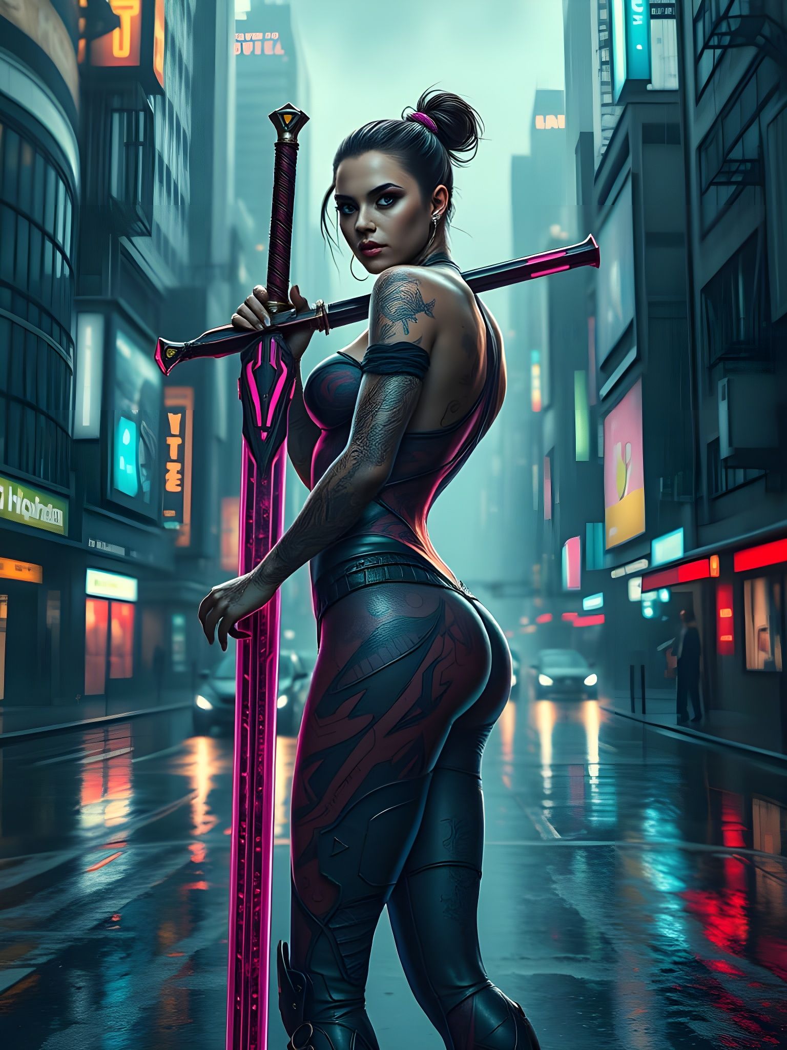 Cyberpunk Valkyrie in Vibrant, Futuristic Cityscape