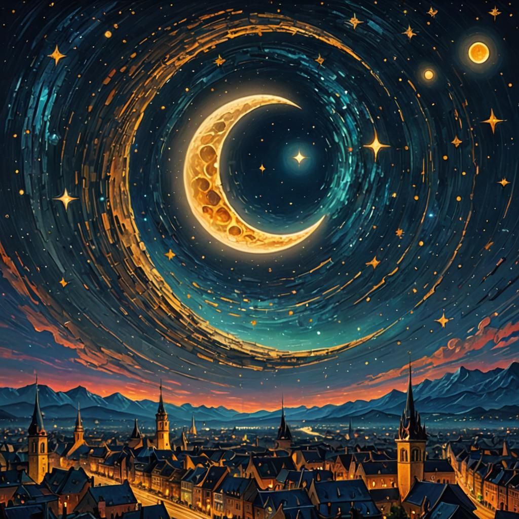 Crescent Moon and Spaceship in Starry Night Style