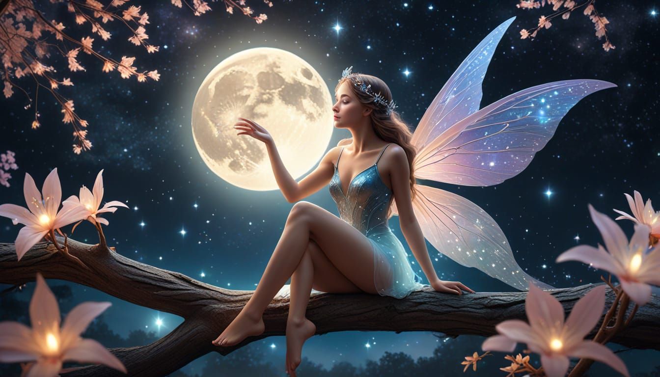 Moonlit Fairy in Starry Night Sky: Fantasy Art