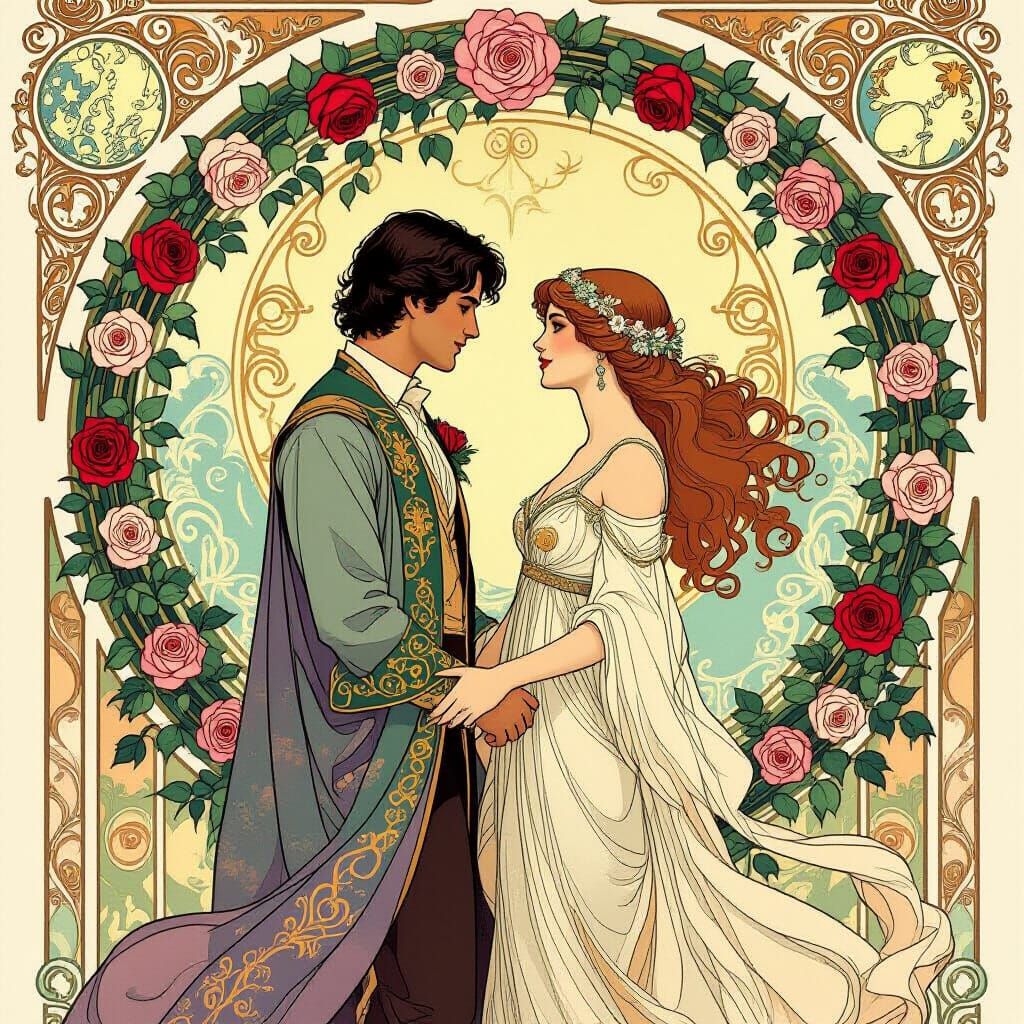 Art Nouveau Couple Beneath Rose Arch