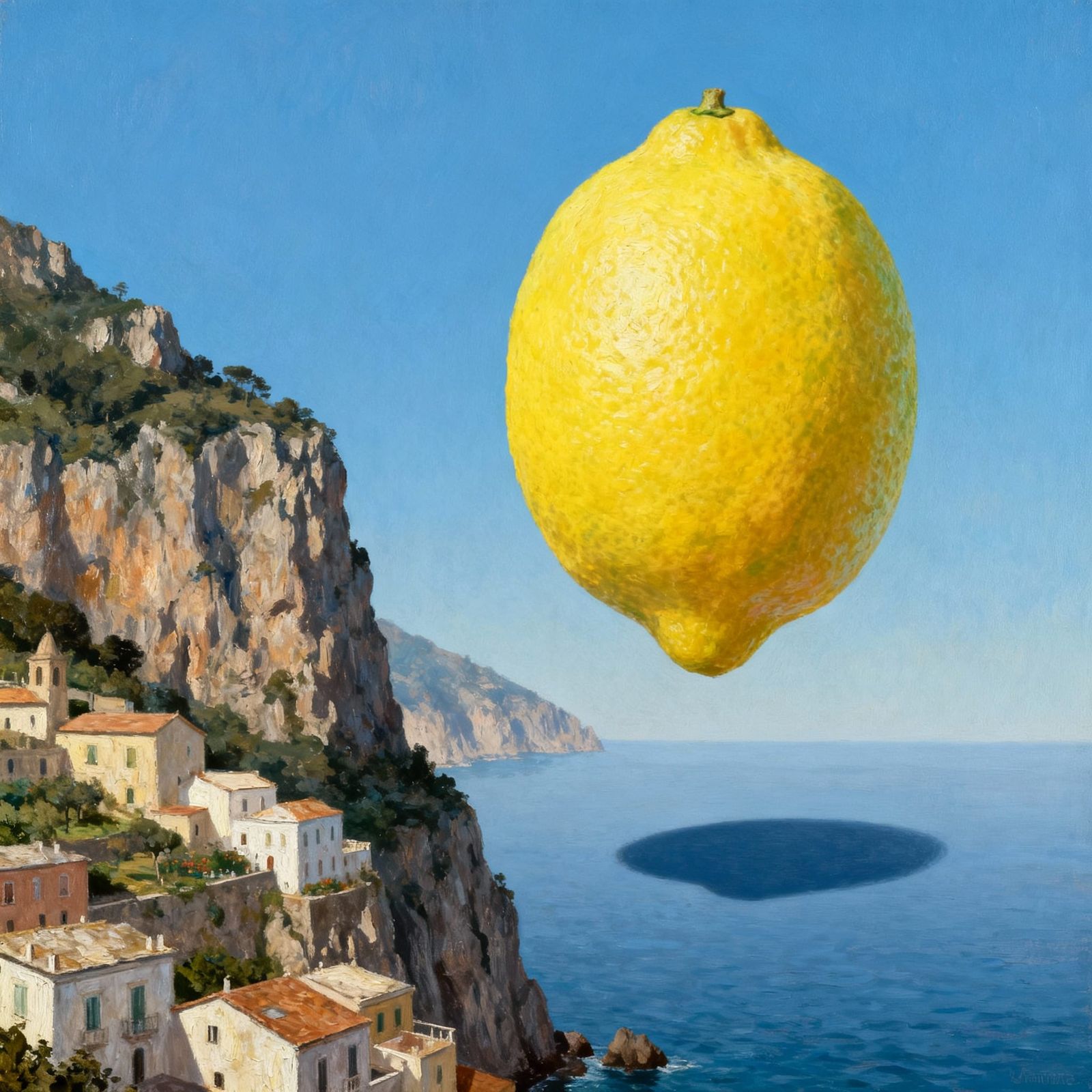 Surreal Amalfi Coast Oil Painting with Giant Lemon