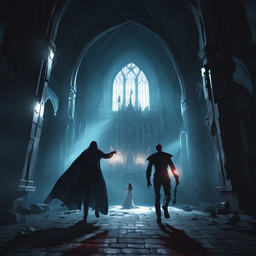 Dark Fantasy Art: Leon and Ashley Flee Demon in Chapel