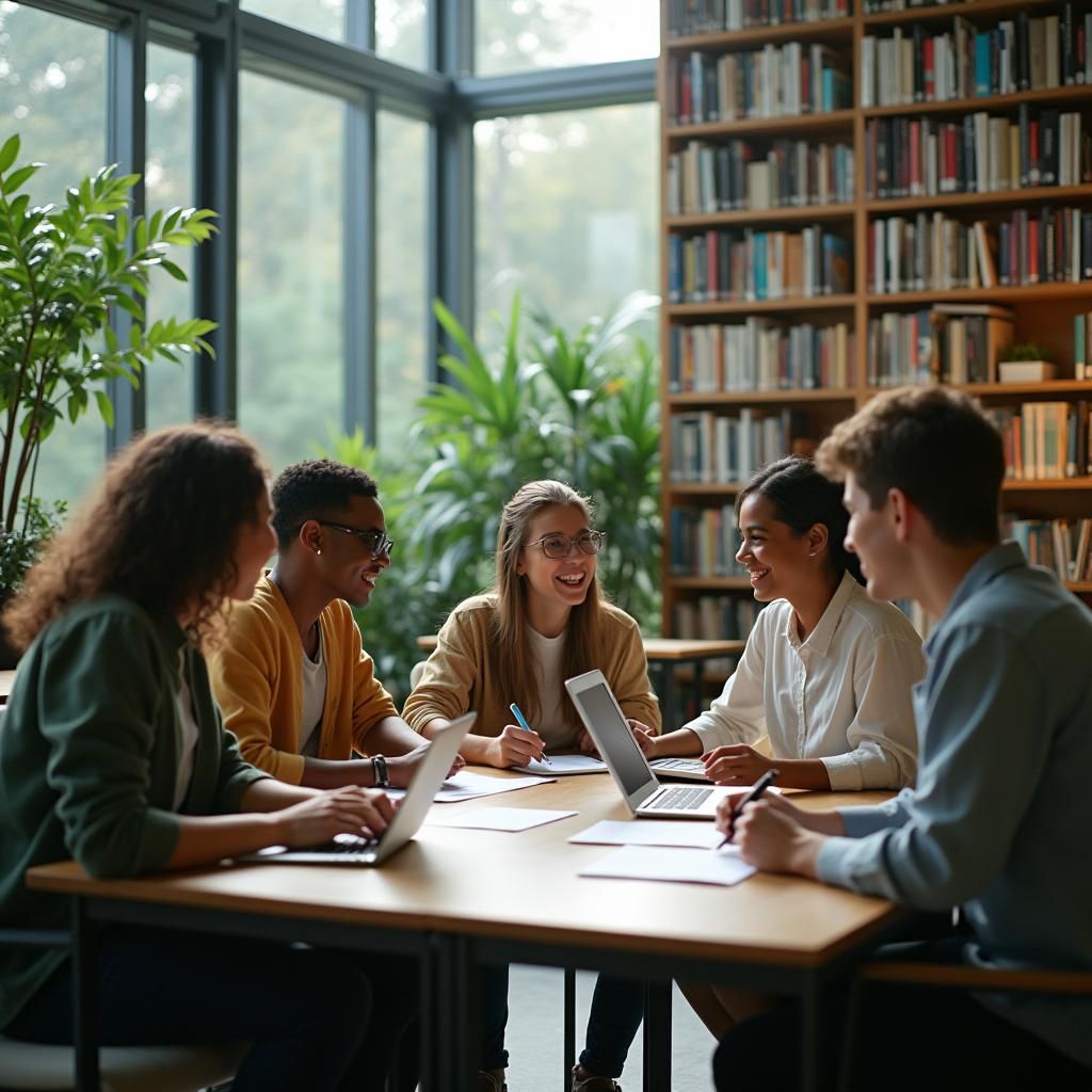 Diverse Students Collaborate in Modern Library Setting