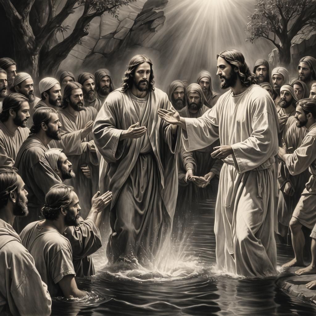 Jesus Christ's Baptism: Hyperdetailed Charcoal Drawing
