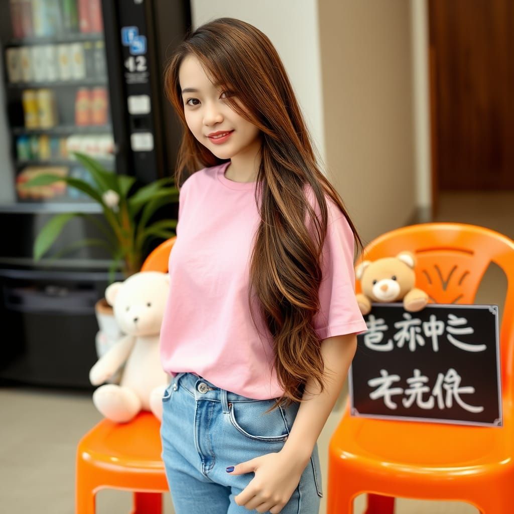Young Woman with Stuffed Animals on Chairs