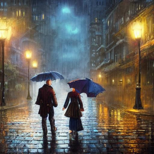 Couple Walks in Rainy Night: Detailed Fantasy Art