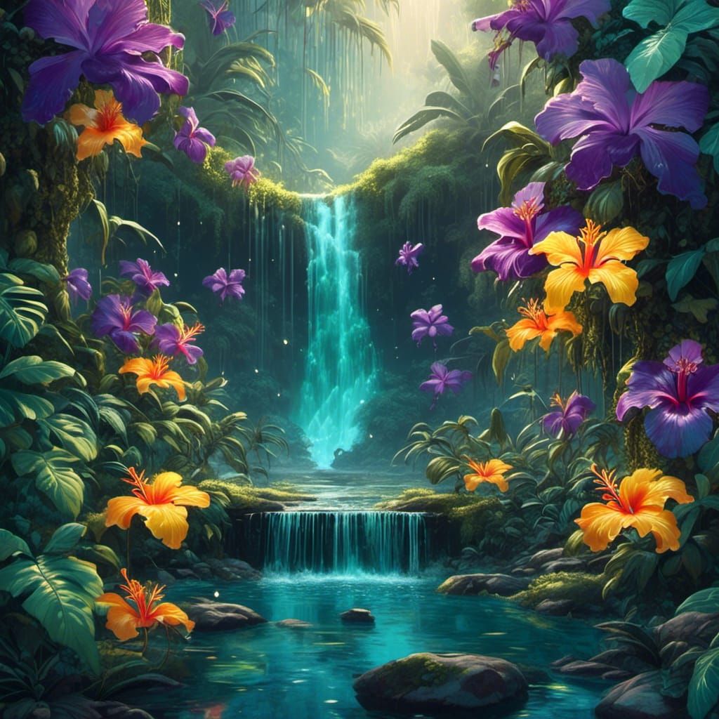 Iridescent Jungle Waterfall in Graffiti Art Style