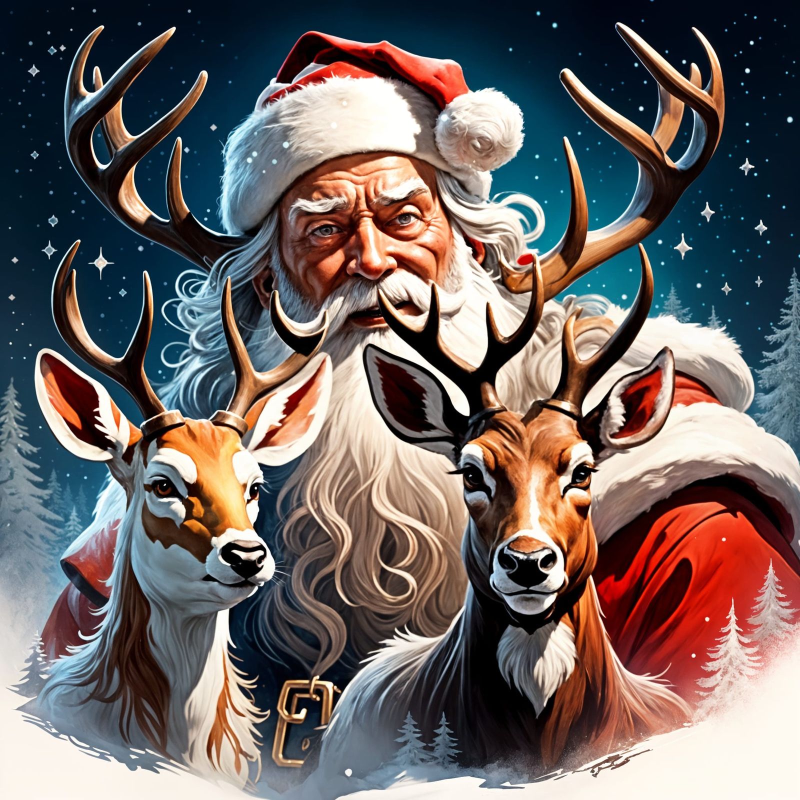 Vintage Santa Claus and Rudolph Portrait