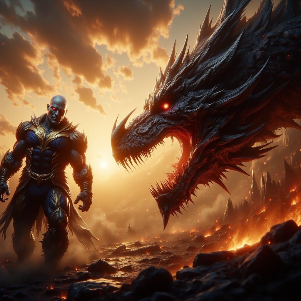 Thanos vs Dragon: Epic Cinematic Film Still