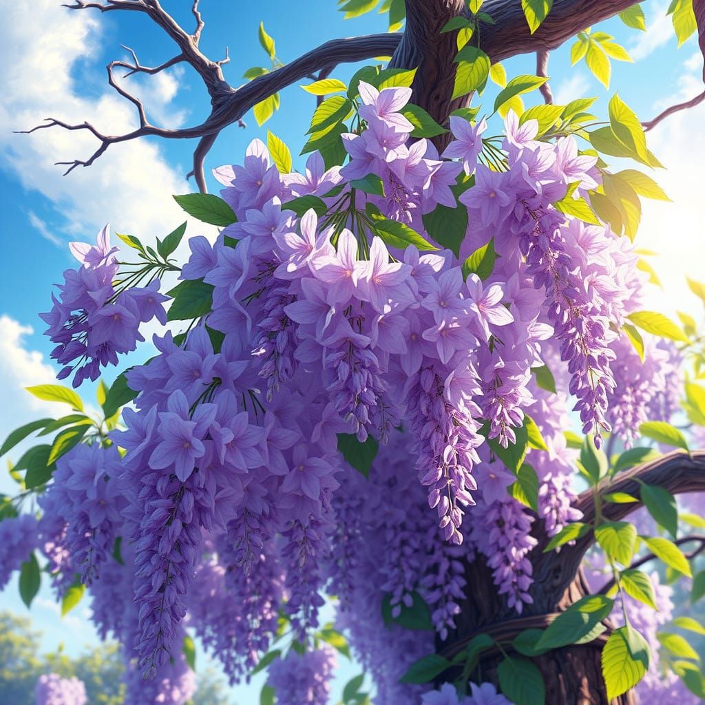 Ethereal Wisteria Blooms in Anime-Inspired Oil Painting
