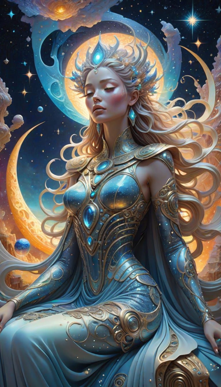 Surrealist Goddess Amidst Celestial Whirlwind