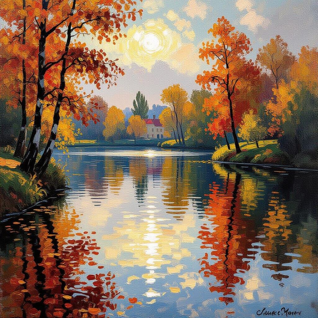Autumn Mirror Lake Oil Painting with Golden Light