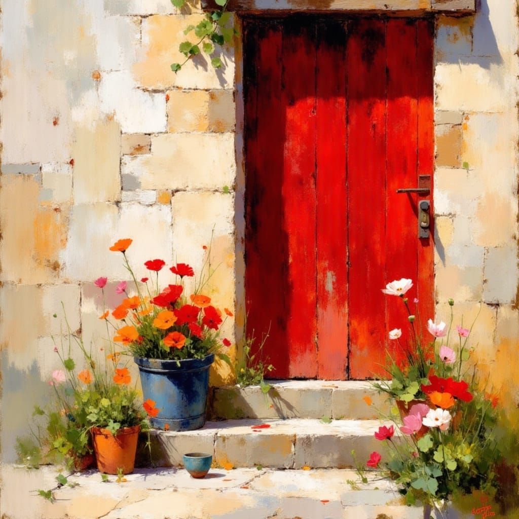 Whimsical Red Door in a Vibrant Earthly Landscape