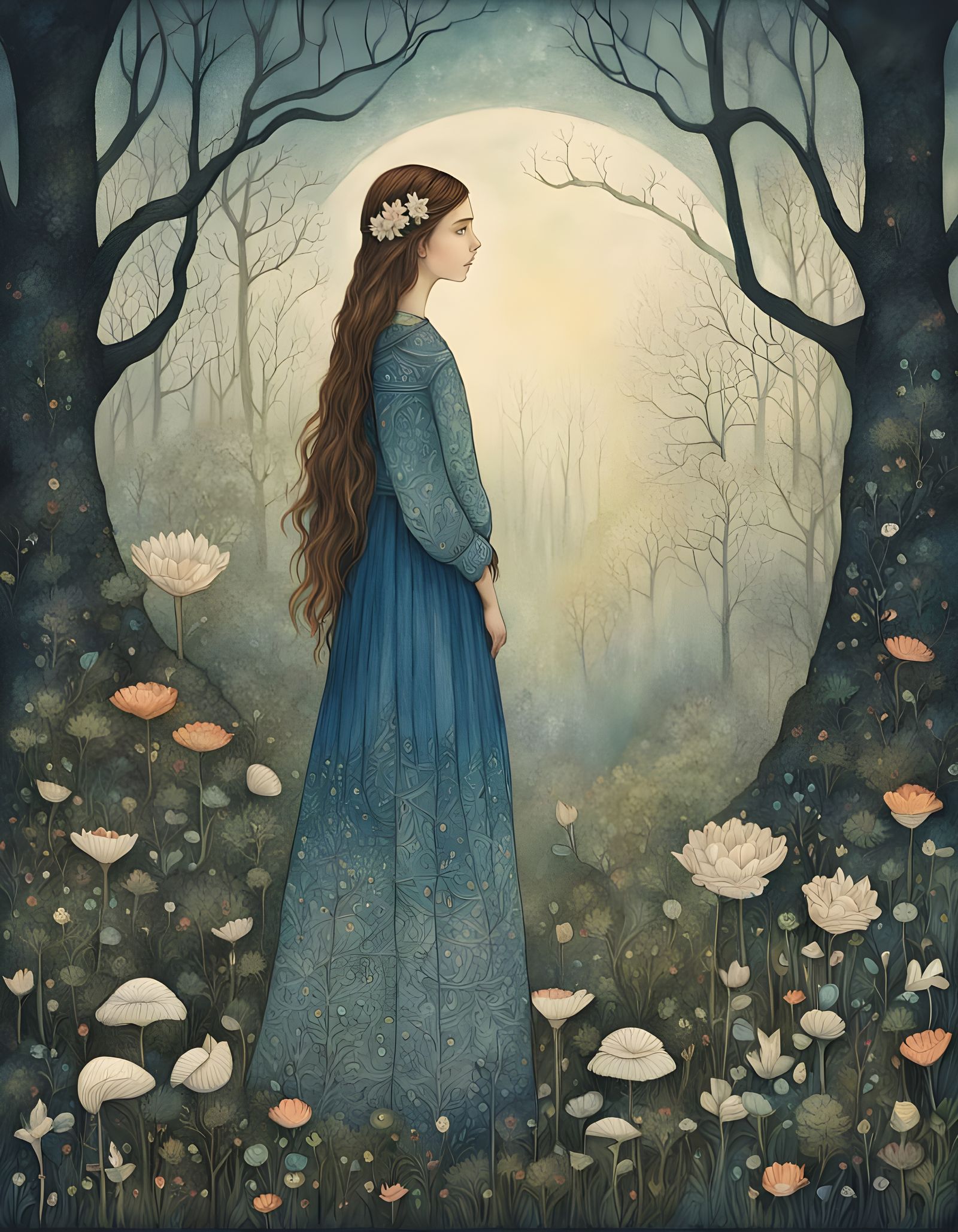 Whimsical Oil Painting of a Young Girl in a Forest Glade