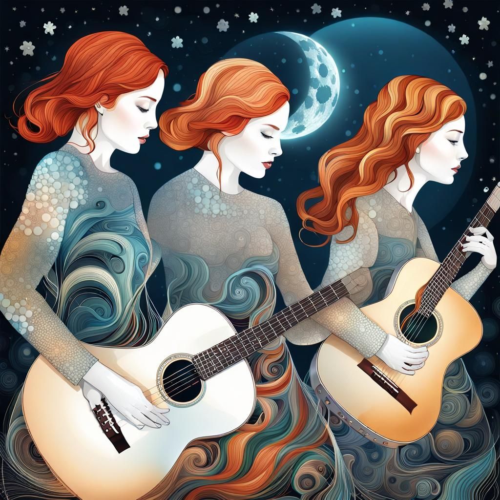 Redhead Women Play Guitars in Winter Moonrise