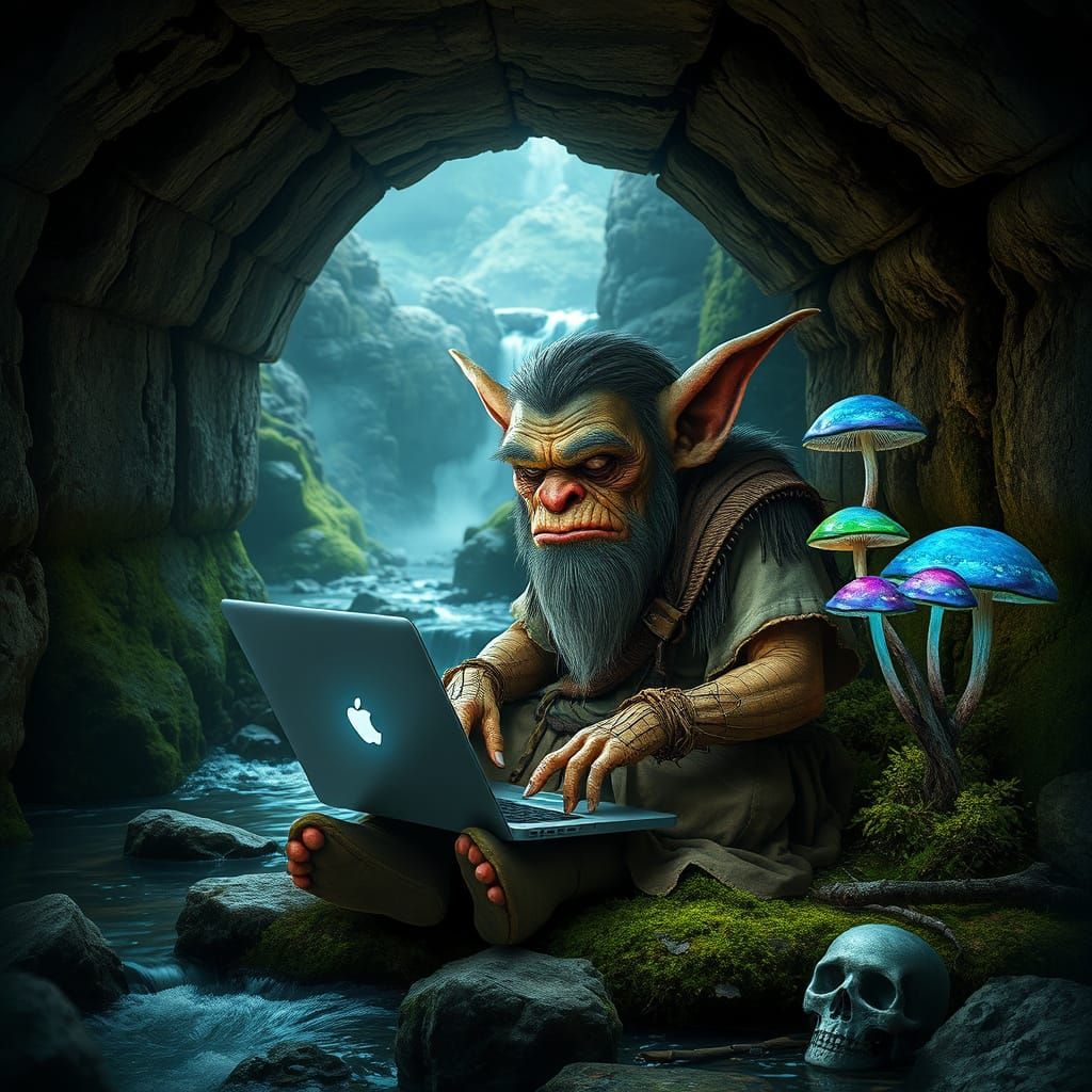 Troll Typing on Laptop Under Ancient Bridge