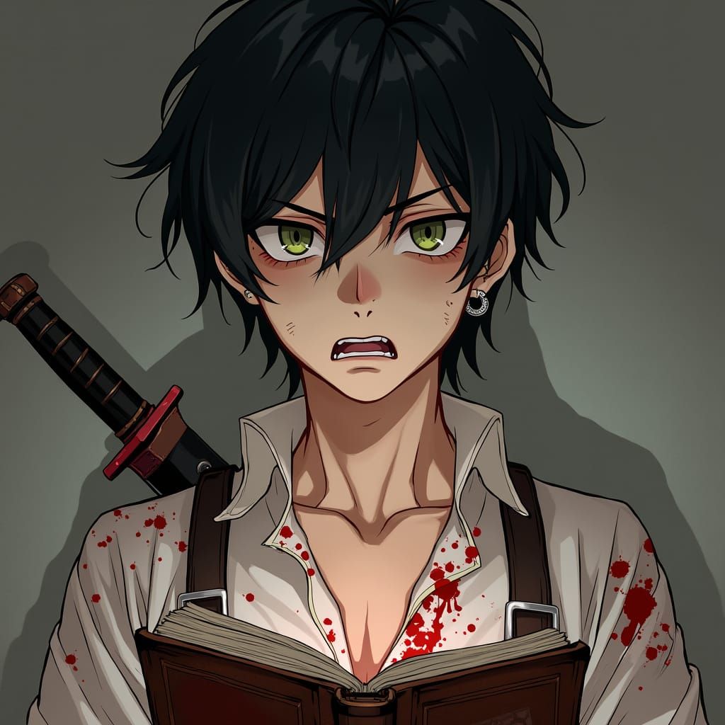 Dark Anime Teen with Piercing Eyes and Bloody Blouse