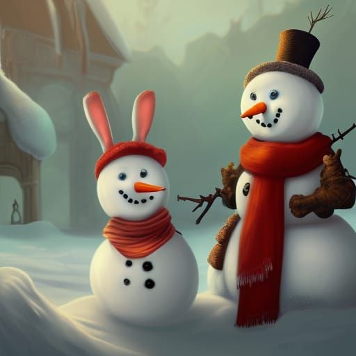 Snowman and Bunny Rabbit Fantasy Concept Art
