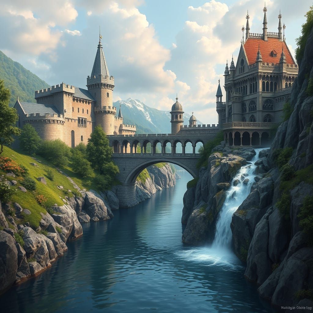 Fantastical Water Channel with Majestic Fortress and Castle