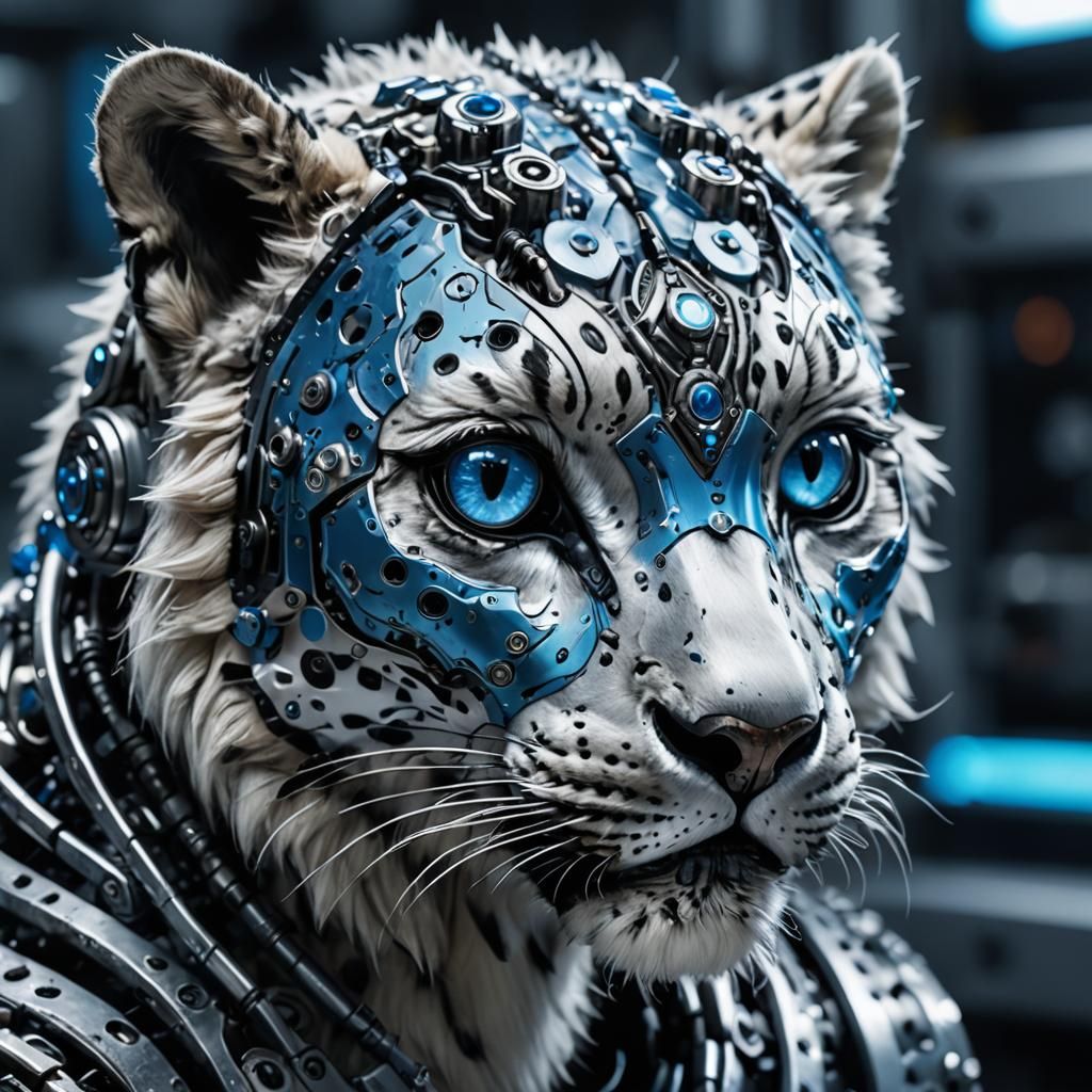 Cyborg Snow Leopard Cub in High-Tech Lab