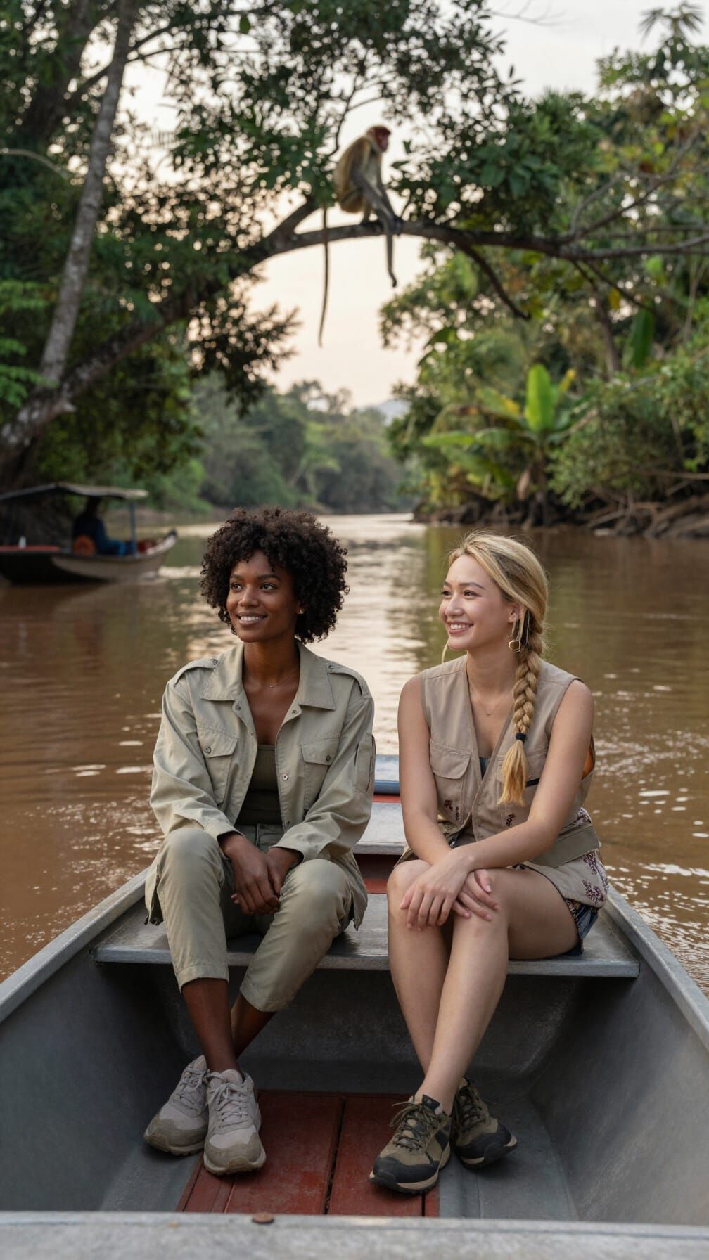 Serene Riverboat Journey in Malaysian Rainforest at Sunrise
