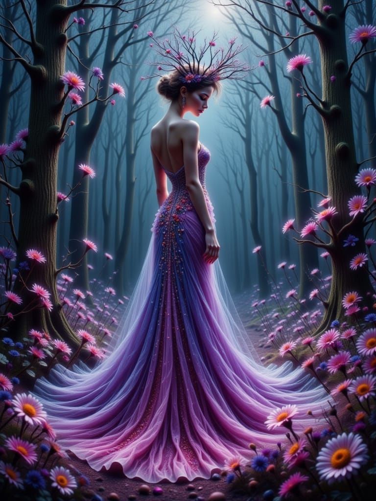 Surreal Woman in Transparent Dress in Mystical Forest