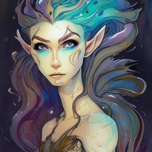 Muscular Elf Woman with Roses: Gouache Watercolor Art