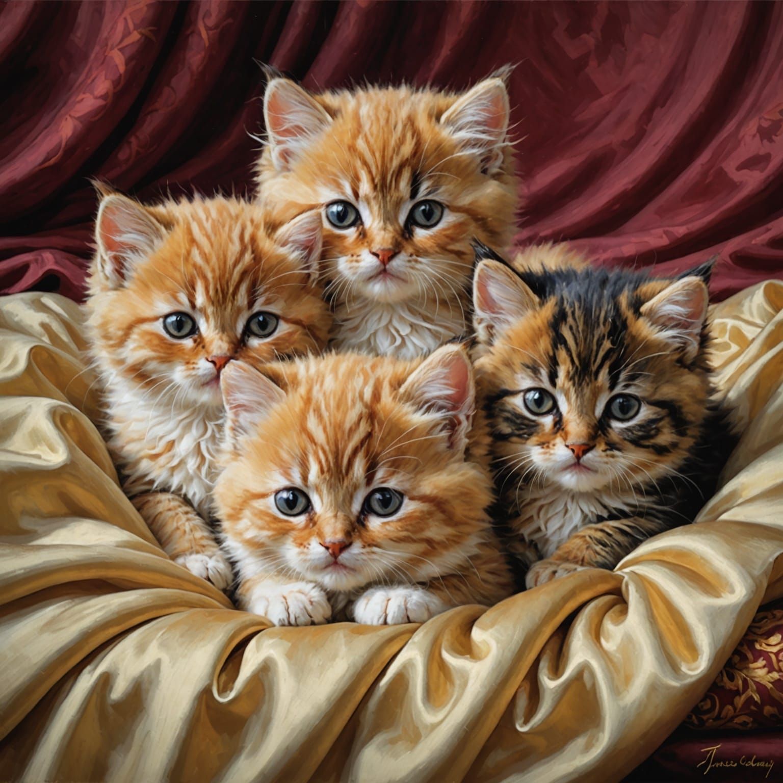 Surreal Oil Painting of Tiny Persian Kittens on Satin Blanke...