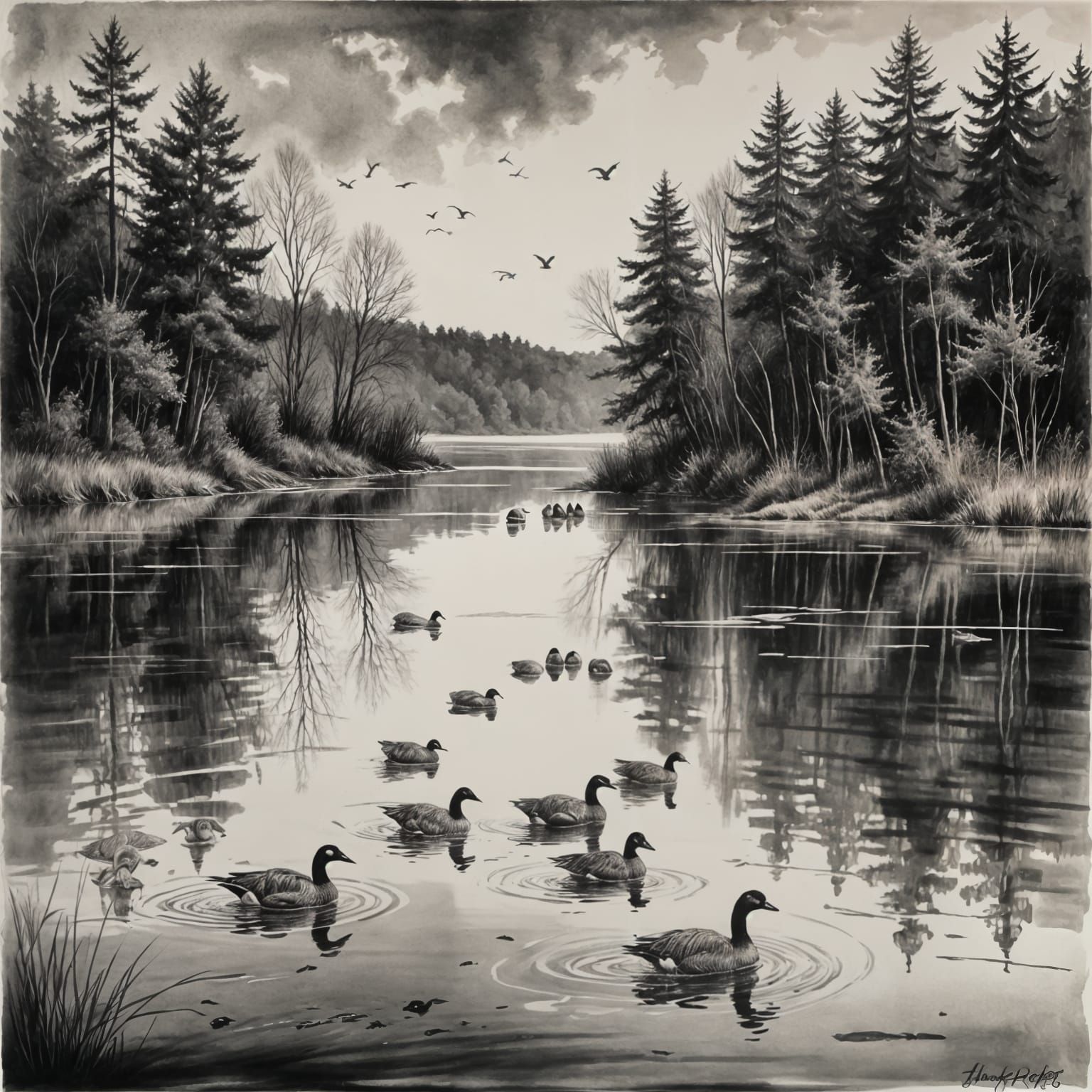 Elegant Geese in Watercolor Hyperdetailed Drawing
