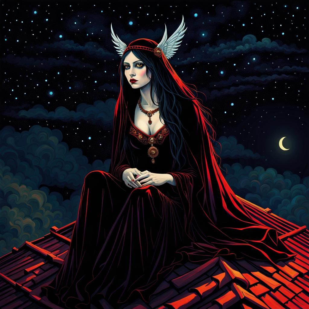 Gothic Vampire Witch on Rooftop, Surreal Digital Art