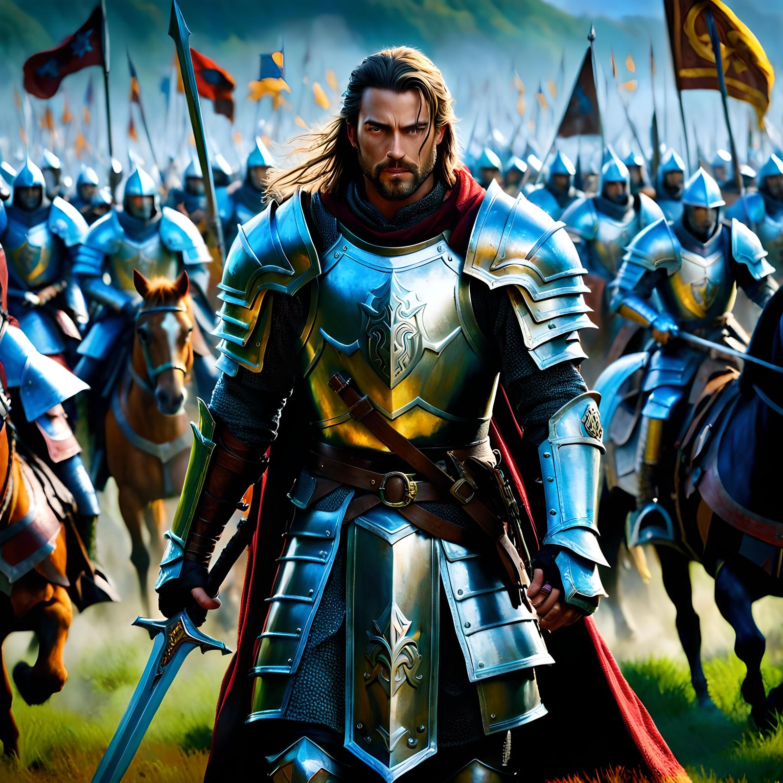 Medieval Knight Leads Army on Battlefield: Fantasy Portrait
