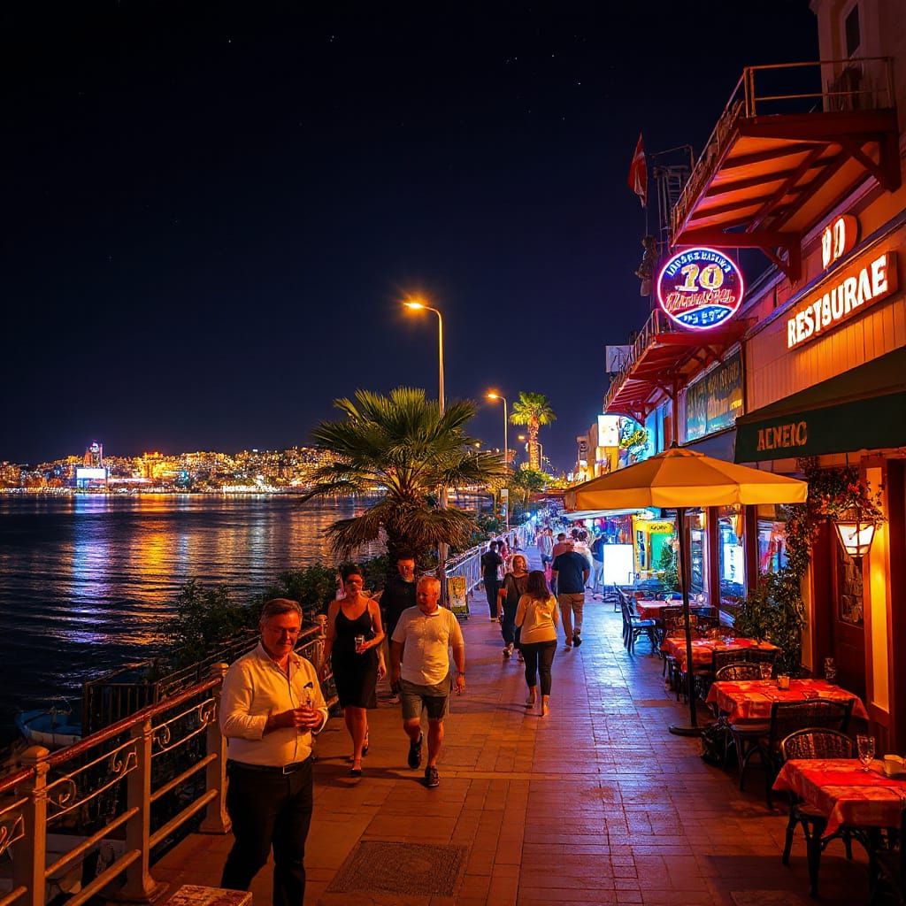 Lively Seaside Boulevard at Night, Golden Hour