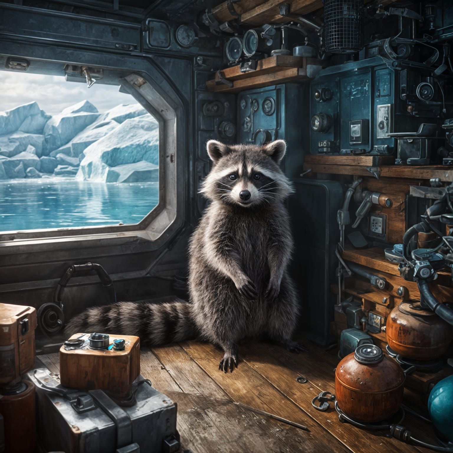 Raccoon Isolated at Antarctic Base in Kaleidoscope Waters