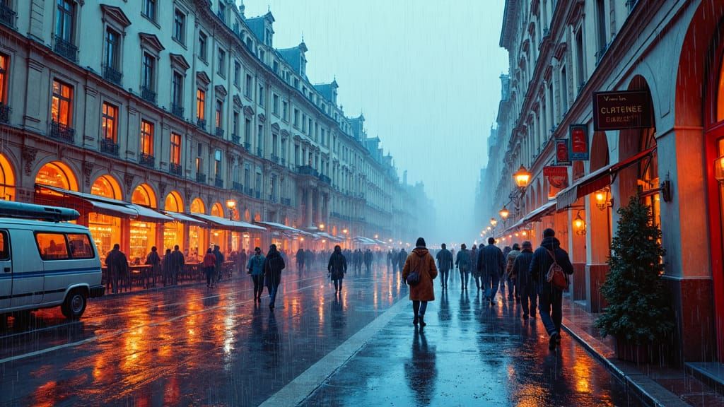 Futuristic Vienna Street Scene in Gouache and Watercolor