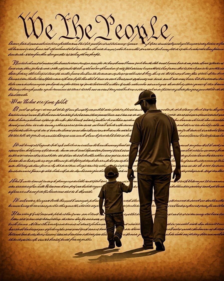 Silhouette of Father, Son and US Constitution
