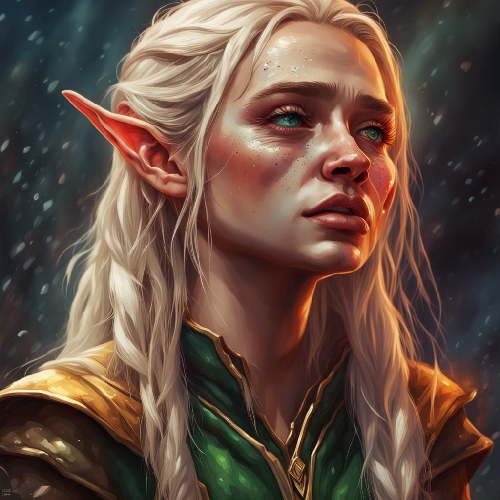 Crying Blonde Elf in Hyperrealistic Splash Art